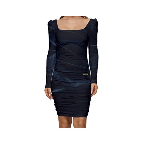 Net-Steals New for 2022, Women Long Sleeve Ruched Stretch Jersey Dress - Black Velvety