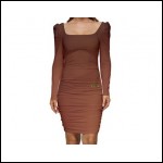 Net-Steals New for 2022, Women Long Sleeve Ruched Stretch Jersey Dress - Coffee