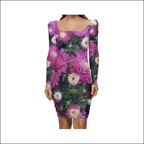 Net-Steals New for 2023, Women Long Sleeve Ruched Stretch Jersey Dress - Purple Floral